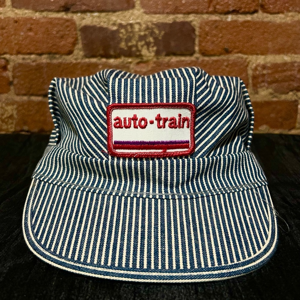 Vintage  Conductor Hat Blue/White Striped  Canvas Auto-Train In Great Condition